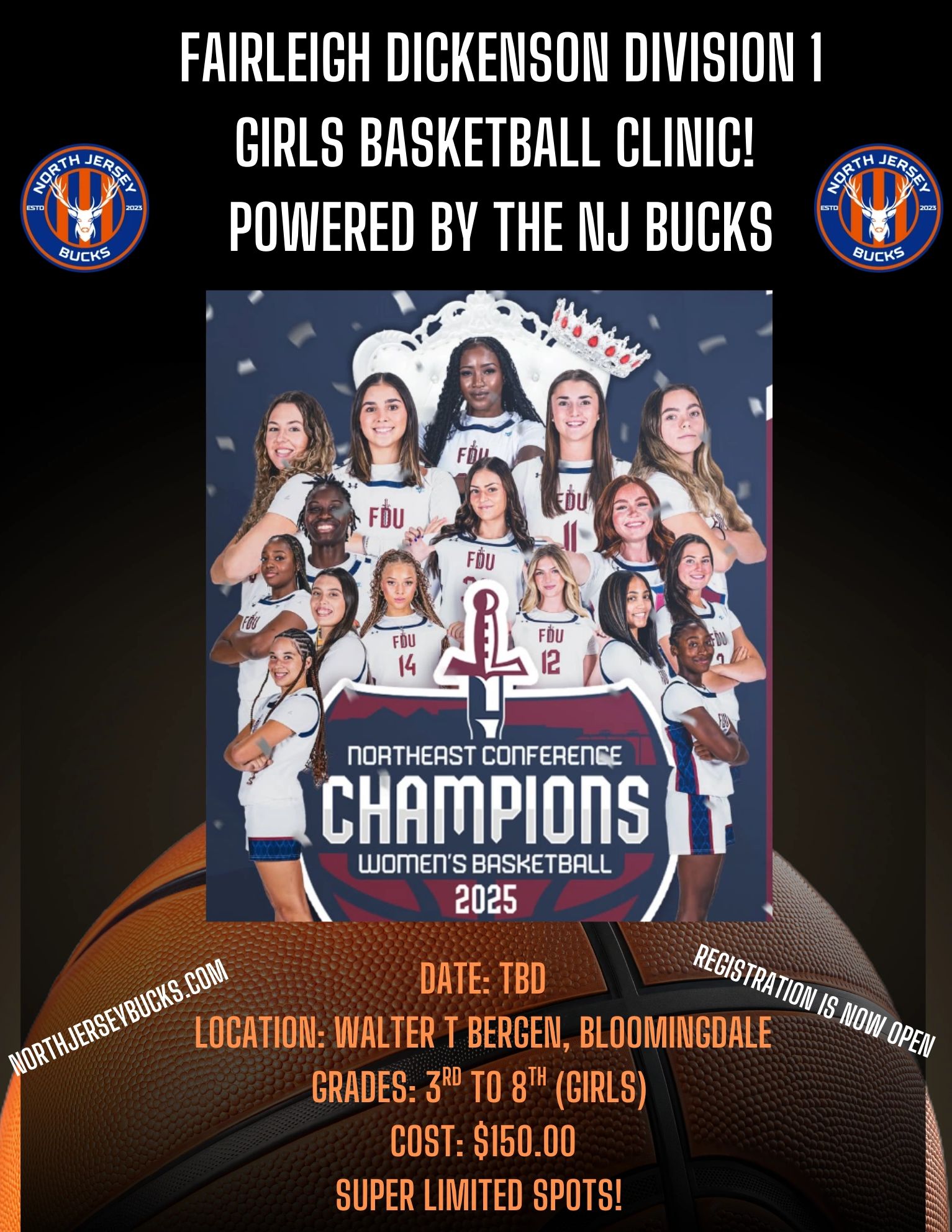 Flyer for Fairleigh Dickinson girls basketball clinic powered by NJ Bucks.