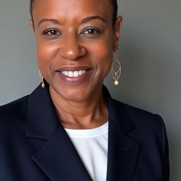 Smiling woman in a black blazer and white top against a gray background.