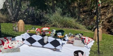 Alice in Wonderland-themed picnic setup outdoors.