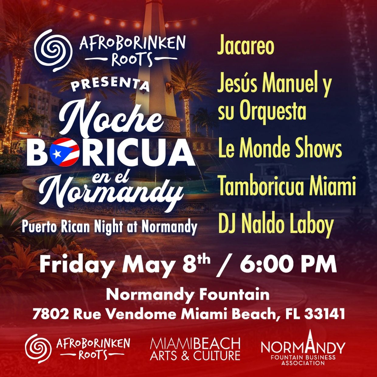 Puerto Rican Night at Normandy featuring live music and DJ on May 8th in Miami Beach.