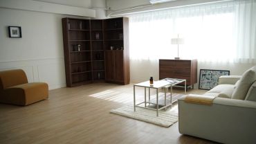 Bright minimalist living room with modern furniture and natural light.