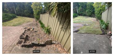 Before and after images of a garden renovation with new grass laid down.