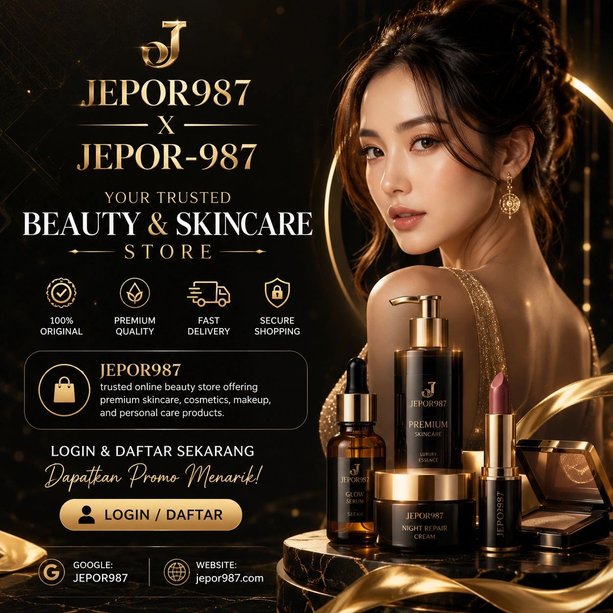 Elegant beauty and skincare products by JEPOR987 with a glamorous model.