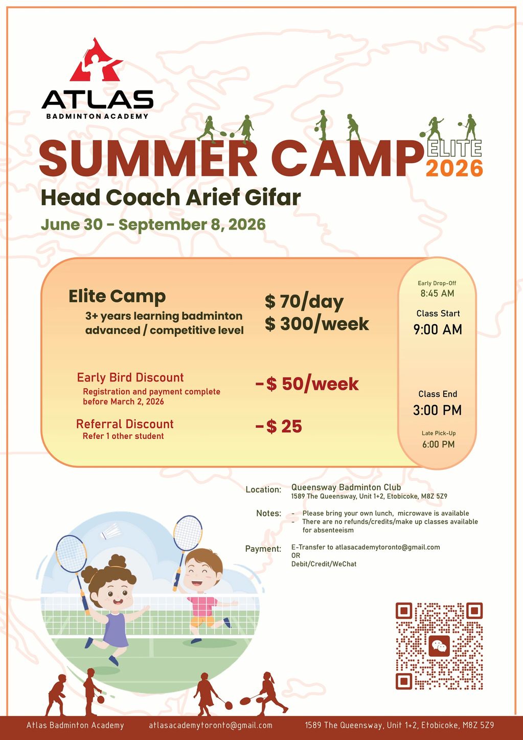 Atlas Badminton Academy Summer Camp 2026 for advanced players with discounts and detailed schedule.