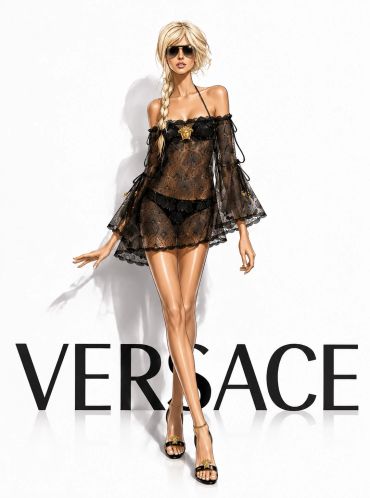 Fashion illustration of a woman in black lace dress with Versace logo.