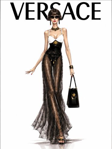 Fashion illustration of a model in a Versace outfit.