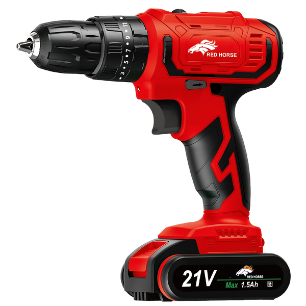 Red and black cordless drill with 21V battery from Red Horse.