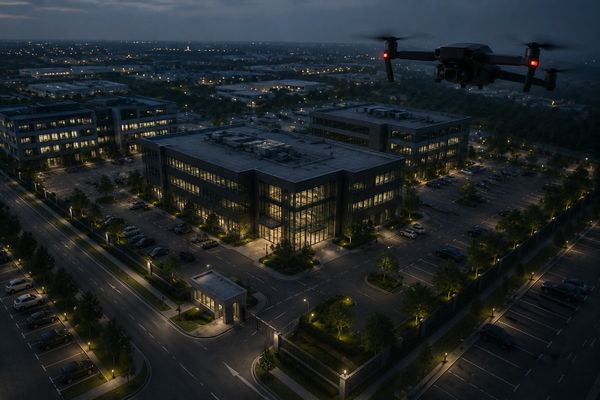 Drone flying over illuminated office buildings at night.