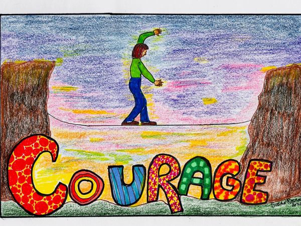 A person walks a tightrope above colorful letters spelling 'COURAGE'.