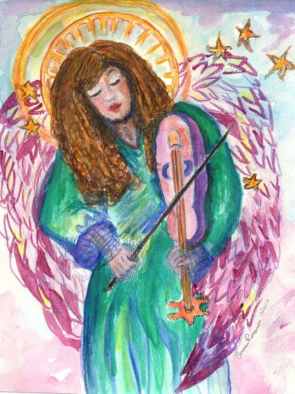 Watercolor painting of an angel playing a violin with golden halo and pink wings.