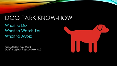 Standing red dog illustration, white lettering "Dog Park Know-How."