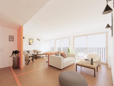 Bright, modern living room with large windows and cozy seating.