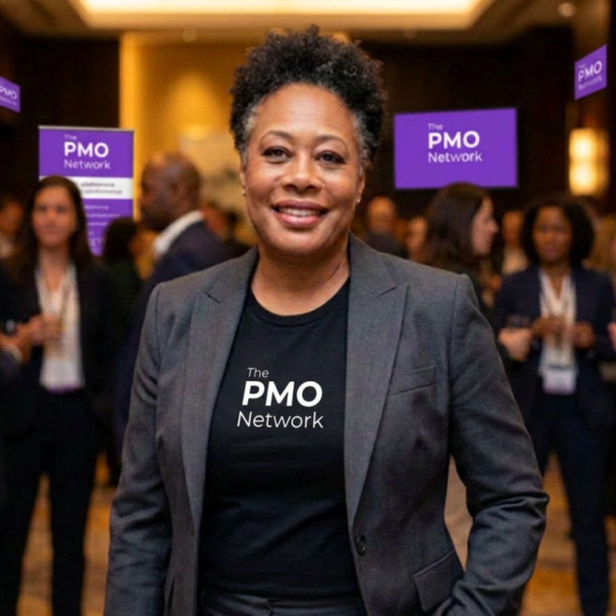 Smiling woman at The PMO Network event wearing a branded t-shirt and blazer.
