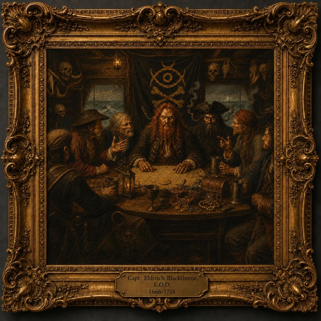 Pirate crew gathered around a table with treasure and map.