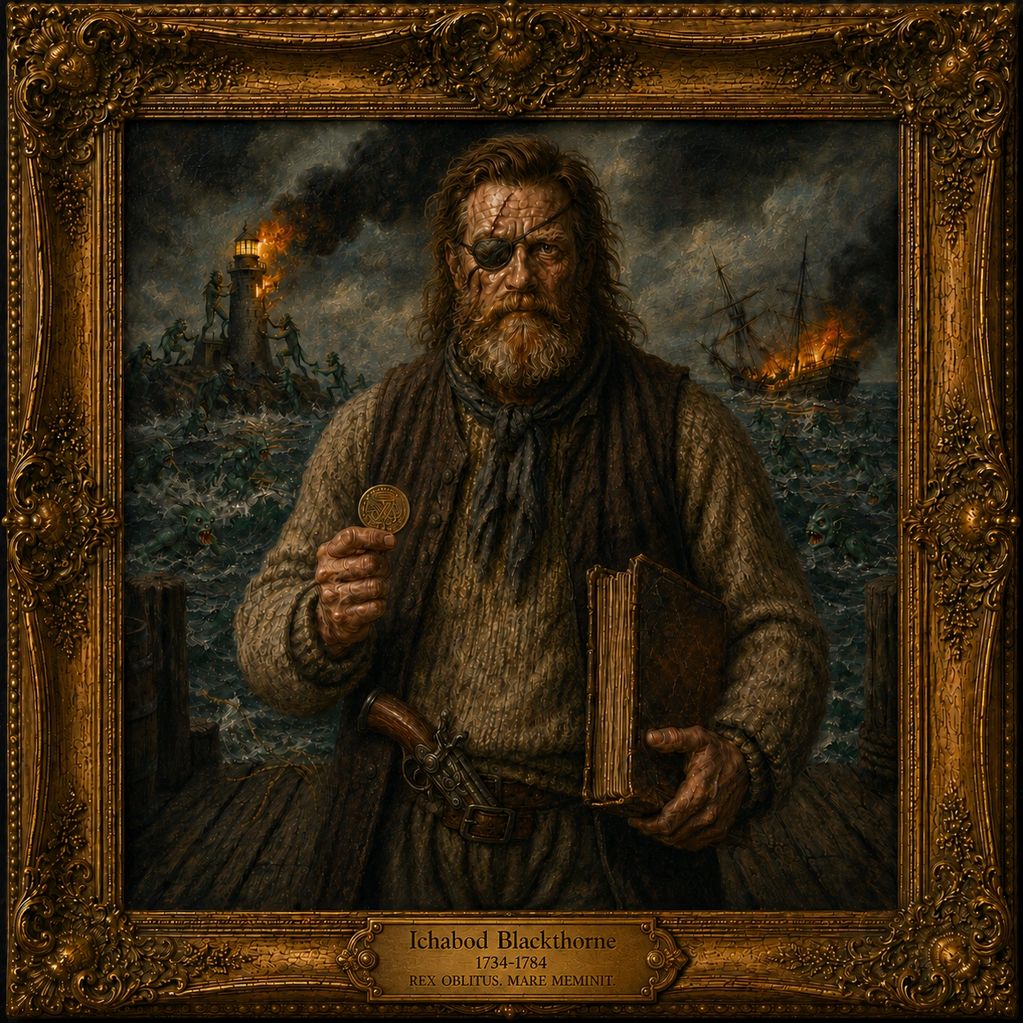 Portrait of a fierce captain holding a coin and book with burning ship and lighthouse in background.