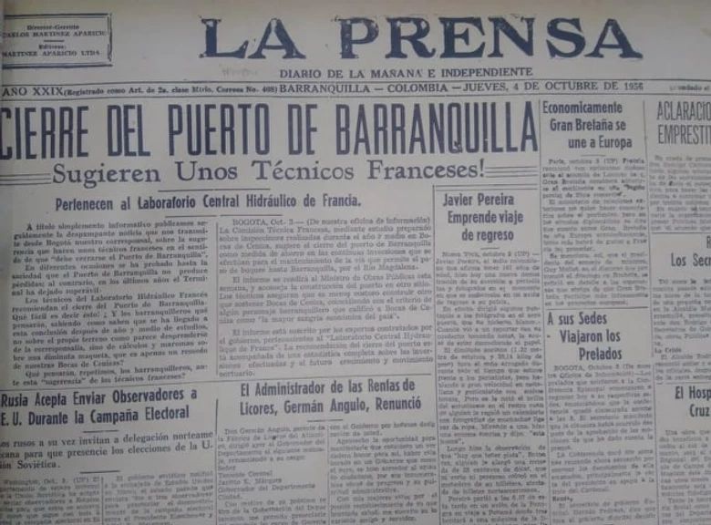 Primera página del Diario La Prensa el 4 de octubre de 1956, en la que se reseña que la Comisión Técnica Francesa que hizo estudios en el Puerto de Bocas de Ceniza, reveló que lo mejor era cerrarlo y contruir otro Primera página del Diario La Prensa el 4 de octubre de 1956, en la que se reseña que la Comisión Técnica Francesa que hizo estudios en el Puerto de Bocas de Ceniza, reveló que lo mejor era cerrarlo y contruir otro