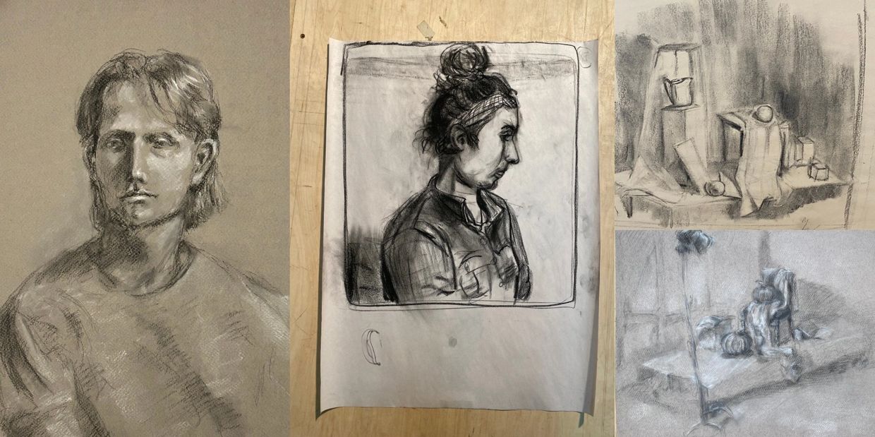 Charcoal and pencil sketches of people and still life.