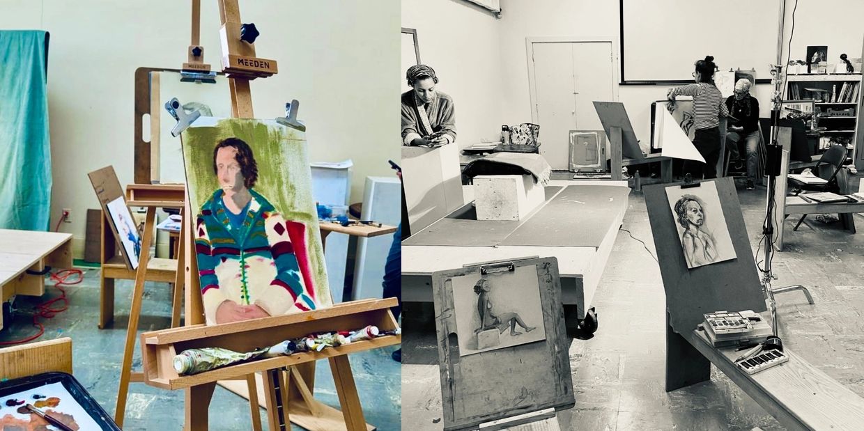 Art studio with portrait paintings and people working.