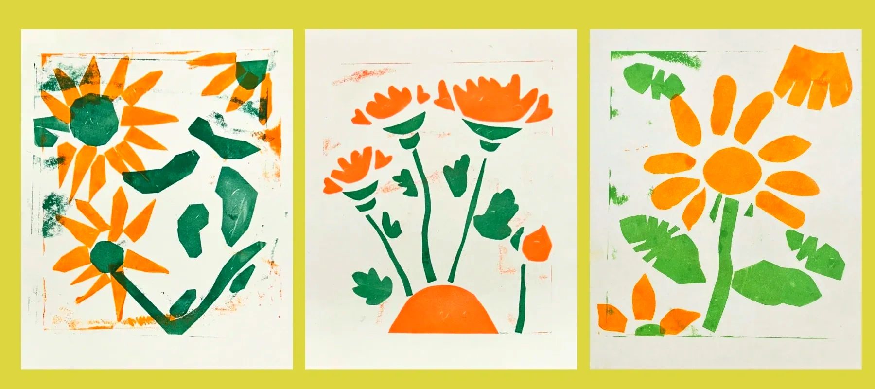 Three colorful floral prints with orange flowers and green leaves on white backgrounds.