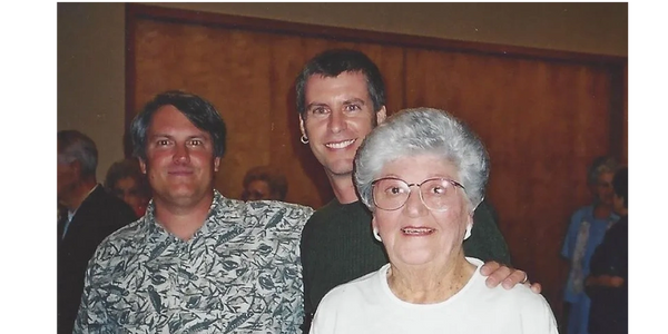 Jeff, Jim, and Opal Jenner at Opal's 80th birthday party at Omega restaurant in 2003.
