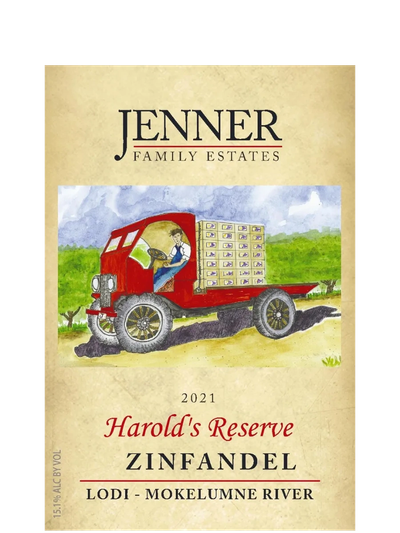 Jenner Family Estates 2021 Harold's Reserve Zinfandel label with the watercolor painting of Henry Sc