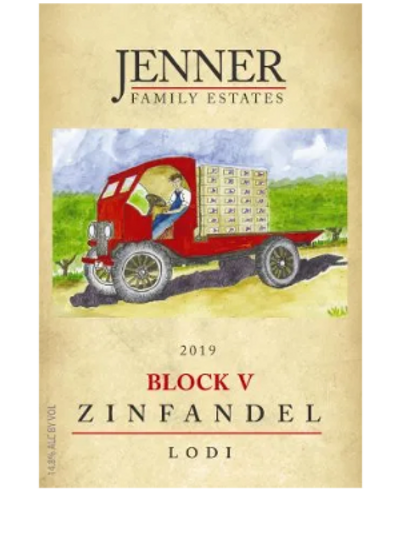 Jenner Family Estates 2019 Block V Zinfandel label with the watercolor painting of Henry Scheideman'