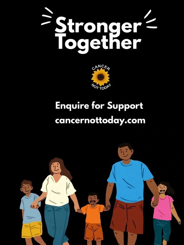 Illustration promoting cancer support with a family and the slogan 'Stronger Together'.