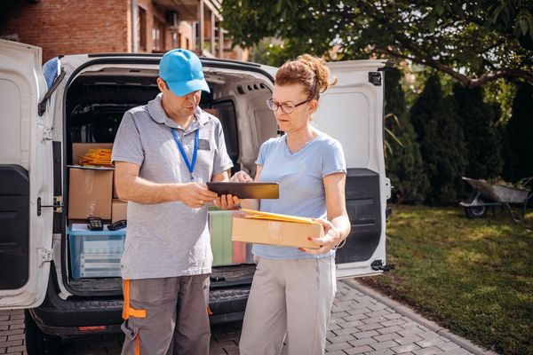 Delivery workers checking tablet together.