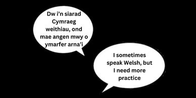 Speech Bubbles: I sometimes speak Welsh, but I need more practice. And in Welsh: Dw i'n siarad Cymra