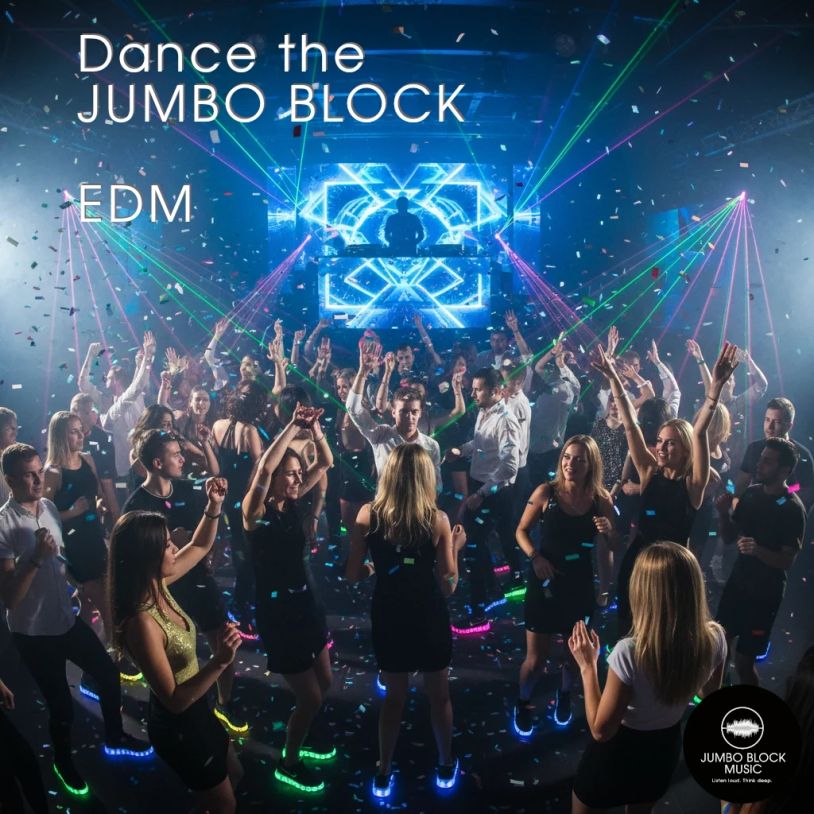 Crowd dancing under laser lights at an EDM party with glowing shoes and confetti.