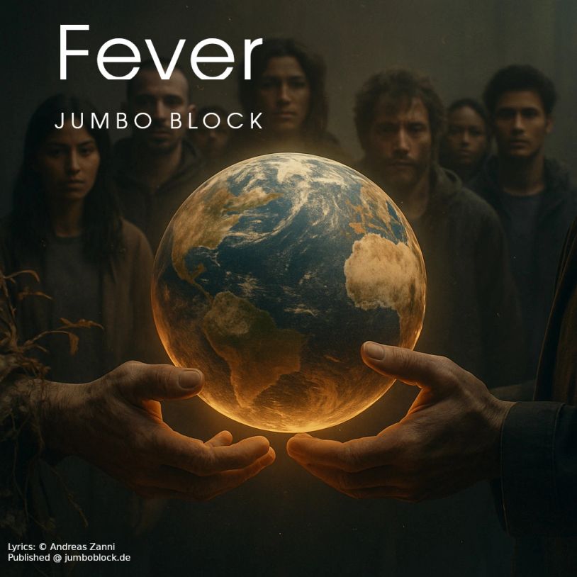 Two hands holding a glowing Earth with a group of people behind, titled 'Fever' by Jumbo Block.