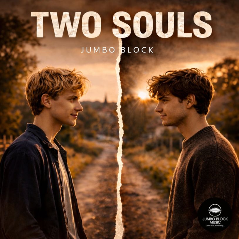 Two young men face each other with a torn paper effect and warm sunset background.