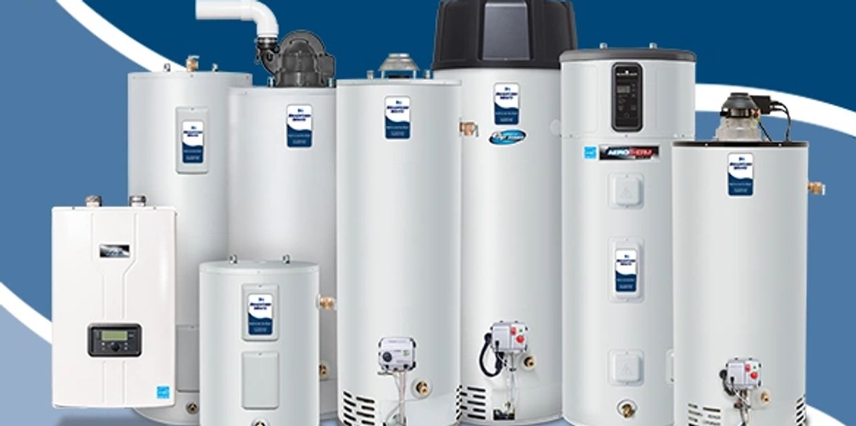 Various white water heaters and boilers displayed together.