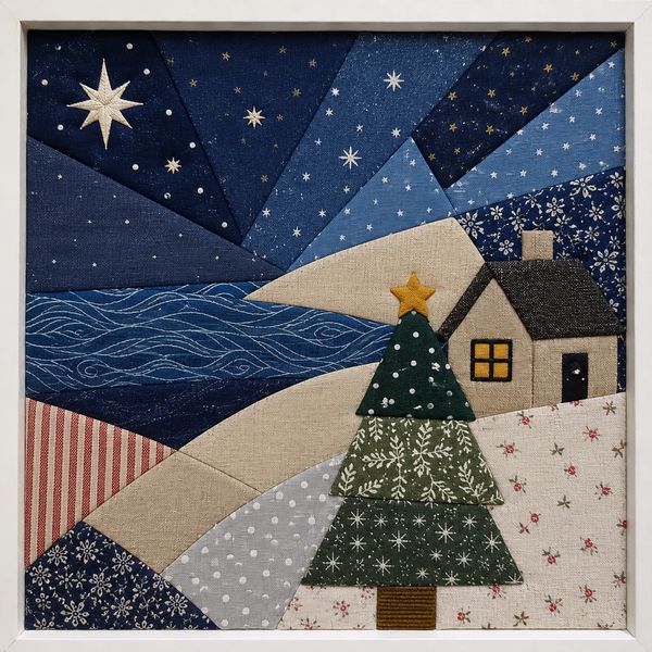 Quilt art of a winter night with a decorated tree and house.