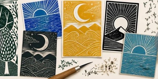 Artistic cards featuring sun, moon, and tree designs with a carving tool.
