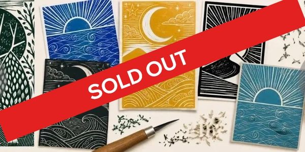 Artistic cards featuring sun, moon, and tree designs with a carving tool.