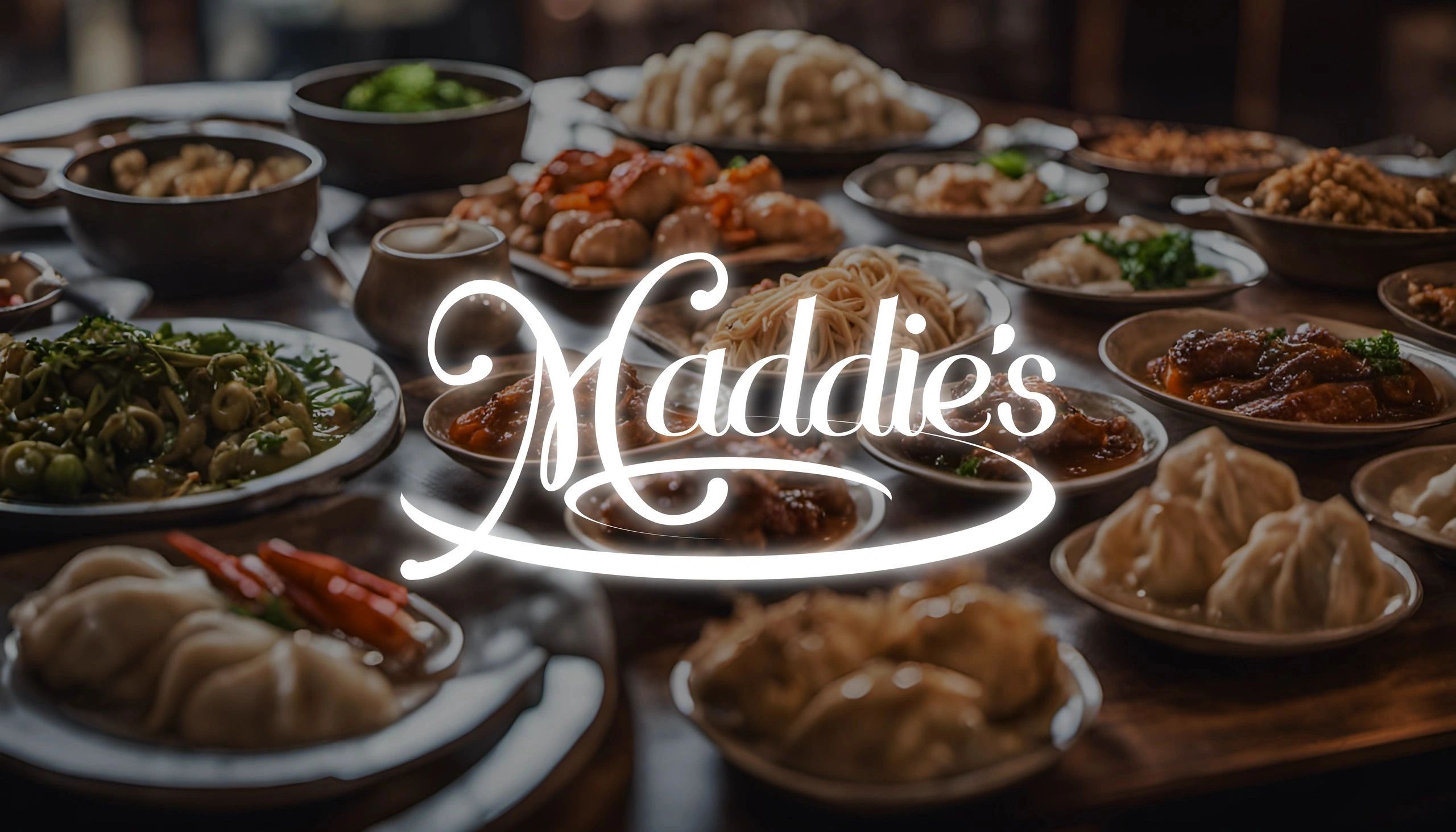 A table filled with various dishes and the word 'Maddie's' overlayed.