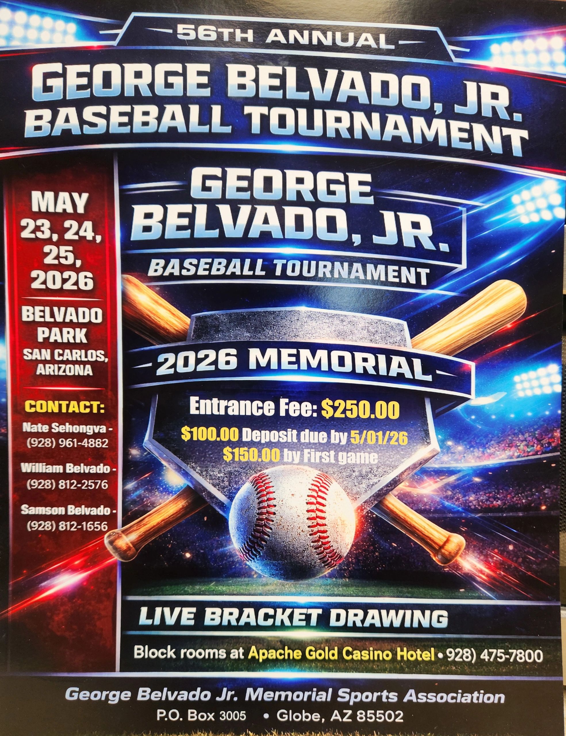 Poster for the 56th Annual George Belvado Jr. Baseball Tournament in 2026.