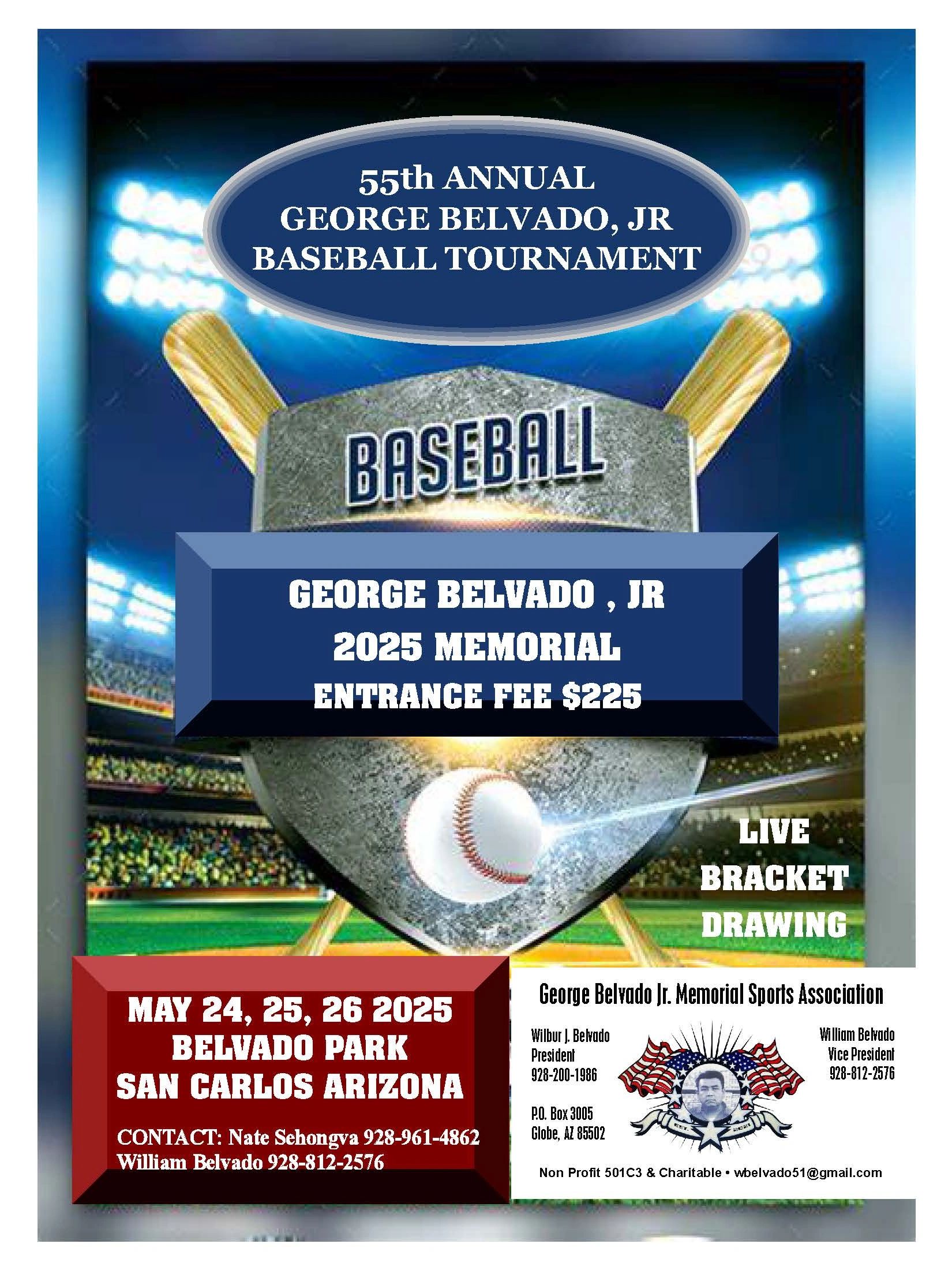 Poster for the 55th Annual George Belvado, Jr Baseball Tournament in San Carlos, Arizona.