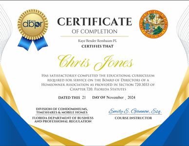 Certificate of completion awarded to Chris Jones for board of directors training in Florida.