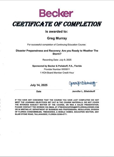 Certificate of completion awarded to Greg Murray for disaster preparedness course.