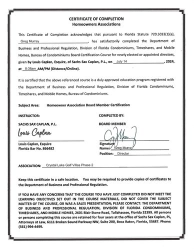 Certificate of completion for Homeowners Association Board Member certification.