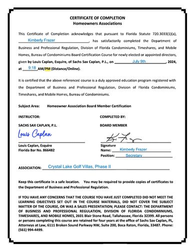 Certificate of completion for Kimberly Frazer in Homeowners Association Board Member Certification.