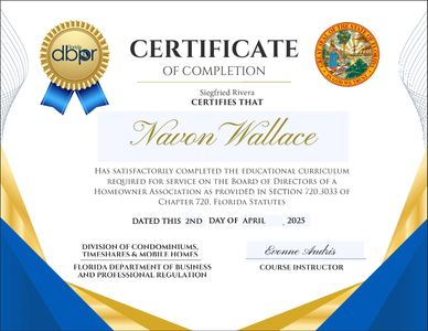 Certificate of completion awarded to Navon Wallace for board of directors training.