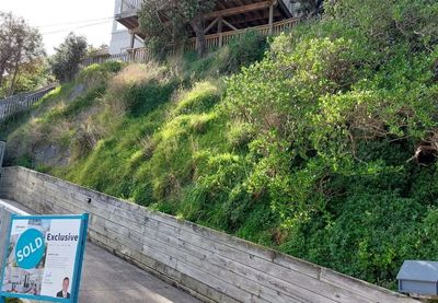 A hillside with green vegetation and a sold property sign in front.