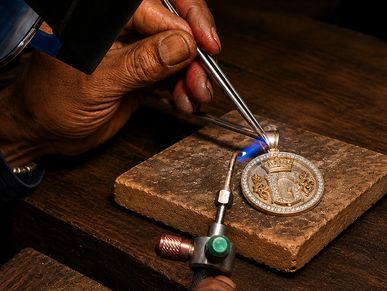 Craftsman using a torch to work on a detailed pendant.