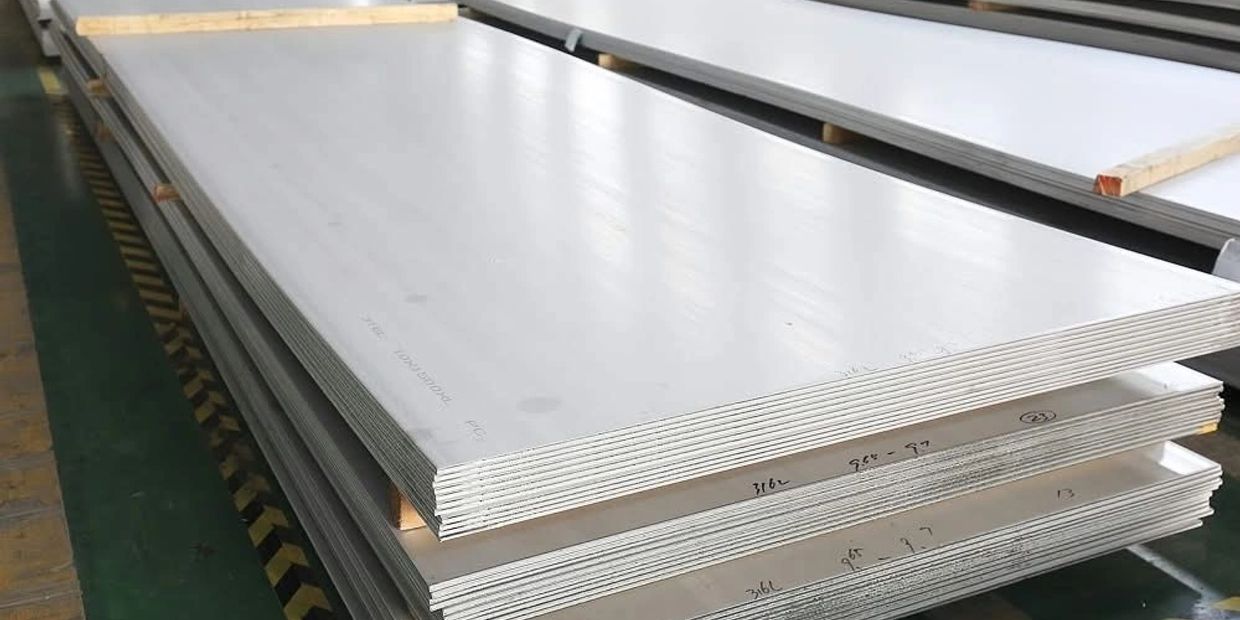 Stacks of metal sheets in a warehouse.