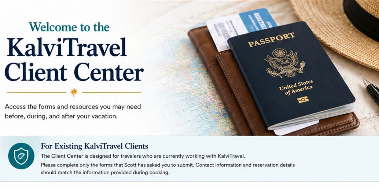 KalviTravel Client Center welcome banner with passport and travel documents.