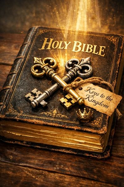 Holy Bible with two ornate keys and a tag.
