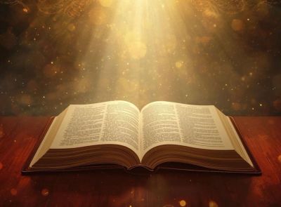 Open book with golden light shining on it.